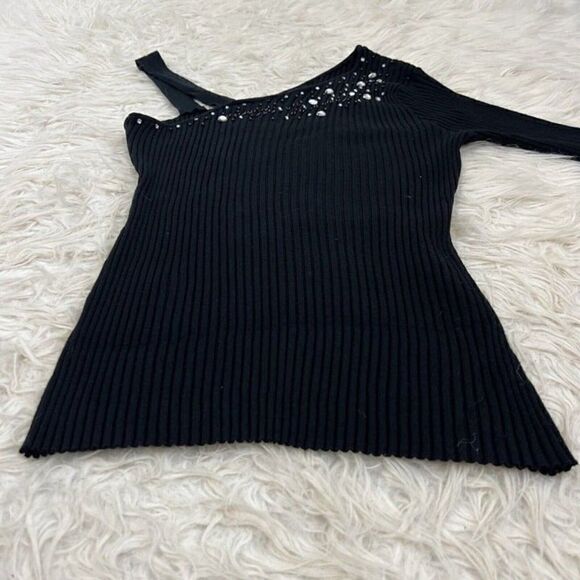 Ashley Stewart Womens Asymmetrical Black Rib Knit Sweater Beaded Plus Size 18/20 - Picture 5 of 7